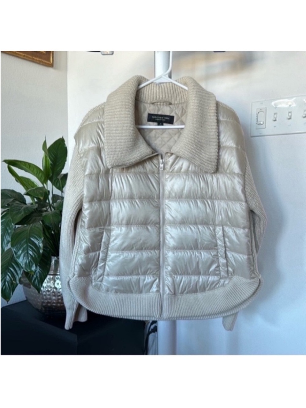Marc New York Puffer Knit Full Zip Sweater Jacket/Coat M Ivory Beige Insulated